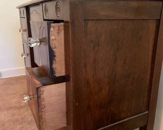 H23 - $85. Antique Art Deco Vanity With Arched Triple Mirror. Measures 40" x 17.25" x 66"T, floor to vanity top 30"T.