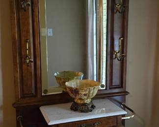 Coat tree, wood, leaded glass and mirror