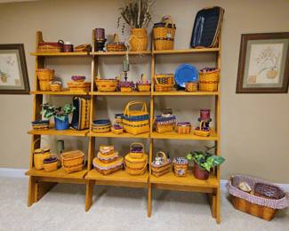 Oak freestanding shelf with assorted Longaberger baskets
