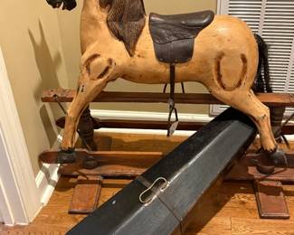 antique rocking horse and wooden violin / fiddle case