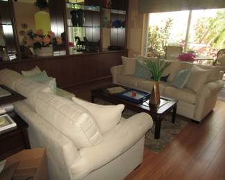 clean matching couch and loveseat, coffee table