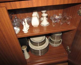 set of China, candle holders, crystal