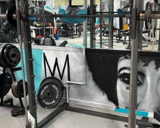 Commercial-Grade Linear Bearing Smith Machine  counterbalanced or smooth linear bearing tracking system on a solid steel frame with multiple integrated safety lockout hooks. The machine includes built-in Olympic weight storage pegs at the base (currently holding a couple of CAP Barbell plates) and comes equipped with a padded squat neck pad on the guided barbell. The finish shows standard gym environment wear but looks structurally sound with clean guide rods.