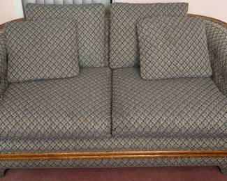 Fantastic Deal! Postmodern Oak-Trimmed Tailored Loveseat $95  Architectural transitional sofa framed in thick, rounded solid oak structural bands. Upholstered in a densely woven geometric motif fabrication with matching accent pillows. Excellent plush construction showing superb form retention and comfort.