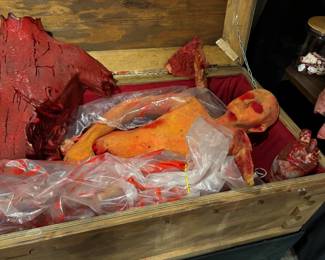 Theatrical Gore & Special Effects Body Parts Suite (Other items not included) An elite, multi-piece collection of medical-grade theatrical gore props designed for hyper-realistic crime scene or slaughterhouse staging. Crafted from high-density, durable latex and hand-painted with deep visceral coloration, this professional set includes a muscular severed male torso prop, a full-body synthetic casualty wrap layout, and blood-soaked severed lower limbs and other gory body pieces. Perfect for high-impact scare zones requiring close-up scrutiny.