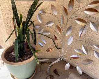 Large Potted Snake Plant and Floral Metal Wall Hanging
