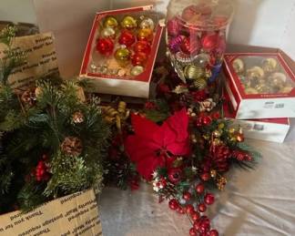 Christmas Baubles Ornaments. Faux Poinsettia and Garland