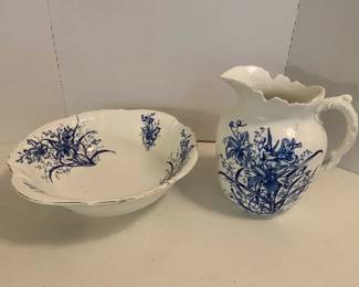 Large Orchid Blue Pattern Pitcher and Bowl