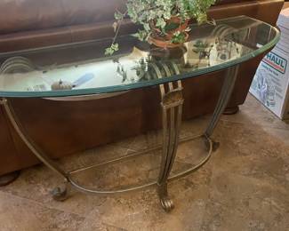 Glass Sofa Table with Scrolled Metal Frame