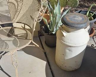 Vintage Milk Can, Metal Chair and Plants