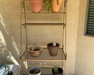 A Backyard Metal Plant Stand with Six Small Plants