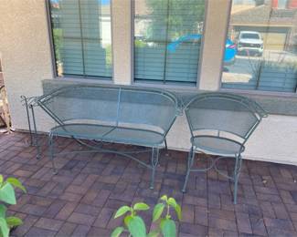 MidCentury Style Wrought Iron Mesh Patio Sette and Matching Chair