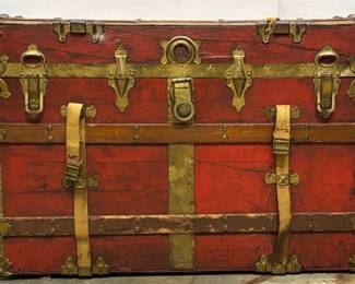 Vintage Painted Red Steamer Trunk