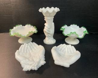 Vintage Milk Glass  Hand Soap Dishes, Vase, Ruffle Top Pedestal Dishes