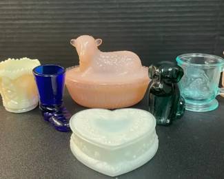 Degenhart Glass Sheep on a Nest, Dog, Boot, Cups,  Trinket Box  Imperial Glass Toothpick Holders