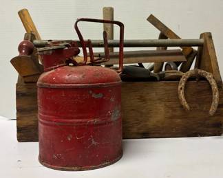 Wood Tool Box and Tools with Red Metal Safety Can