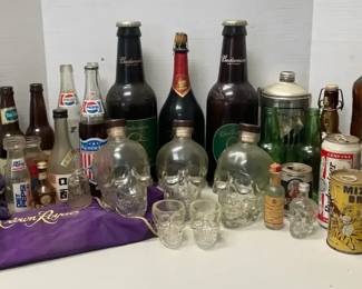 Vintage Bottles  Cans  Budweiser, Crystal Head, Pepsi, Various Japanese Brands