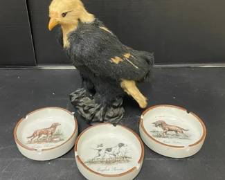 Vintage Real Fur Faux Taxidermy Bald Eagle, MCM Hunting Dog Ashtrays