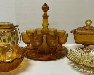 Vintage Amber Glass  Decanter  Goblet Set, Lidded Candy Dish, Floral Bowls,  Vase