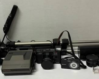Vintage Polaroid Sun600  Spectra System, Sony Remote Control Tripod, Canon AF35m, Sony Cyber Shot