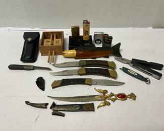 Various Vintage Knives  Lighters Turkey Call  Arrowhead