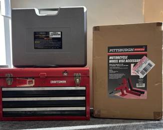 Pittsburg Motorcycle Wheel Vise AccessoryNew, Craftsman Portable Tool Chest, Drill Master Cordless