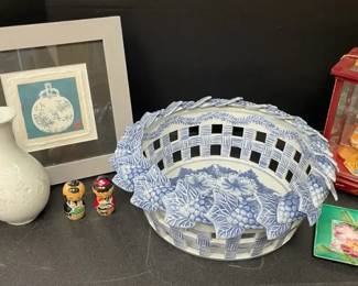 Asian Decor  White  Blue Lattice Ceramic Bowl, White Ceramic Vases, Figures,  Enamel Trinket Dish
