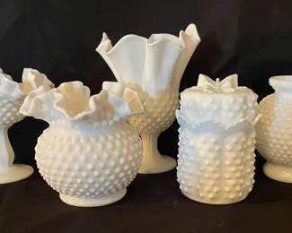Hobnail Milk Glass Fenton Lidded Dish, Pedestal Dishes, Vases