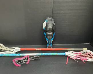 Two Lacrosse Sticks, Eye Guard,  Set of NewWithTags Kneepads