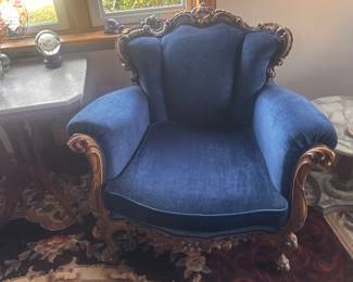 Antique blue velvet chair (available for pickup after Nov. 15)