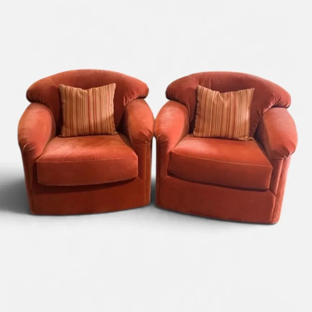 Sherrill Furniture Rust Orange Velvet Swivel Lounge Chairs, Pair
