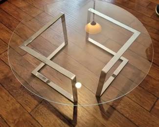 Round Mod Glass Coffee Table 42, Shiny Silver Geometric Base