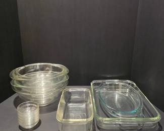 Vintage Glass Lot Duralex France Ramekins, Pyrex Mixing Bowls, Loaf Pan, Casseroles