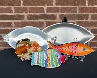 FishTheme Lot Vintage Guy Degrenne French Fish Platter, Signed Handpainted Tray, More