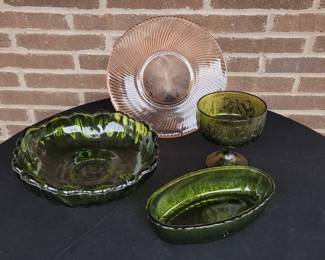 Depression Glass Diana Pink Plate, Indiana Glass Olive Green Sunflower Footed Bowl More