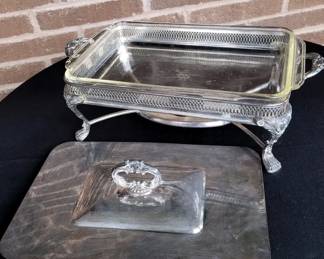 Vintage Silver Plated Chafing Dish W FireKing 9 x 13 Glass Insert