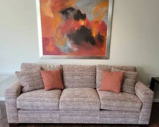 Vintage Sherrill Furniture Sofa W Pillows 88 Textured Upholstery, Cream, Rust, Brown