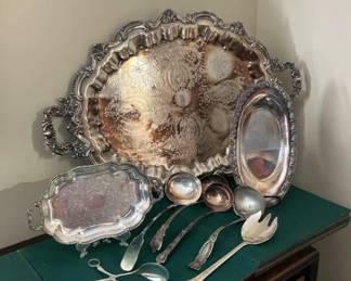 Vintage Silver Plated Serving Ware and Utensils Chippendale Tray, Ladles, More