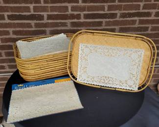 Vintage Woven Bamboo Rattan Serving Trays 11 Set, MidCentury Paper Lace Placemats