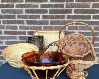 MCM Styson Art NY Tortoise Acrylic Bamboo Bowl W Woven Basket Lot
