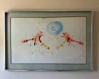Sheila Hack 27 x 40 Mixed Media Painting 1970, Political Comment, Silver Frame