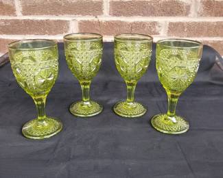 Vintage Avocado Green Glass Thumbprint Goblets 4, Pressed Star Stem