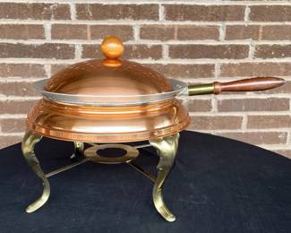 MidCentury Spun Copper Chafing Dish, Brass Stand, Wood Handle