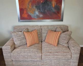 Vintage Sherrill Furniture Sofa W Pillows 63 Textured Upholstery, Cream, Rust, Brown