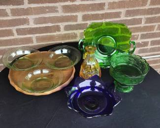Colorful Glass Lot Green Pyrex Ribbed Bowls, Amber Cut Glass Vase, More