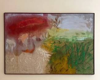 Sheila Hack Abstract Landscape Original Painting, 1970 Wood Frame 34x50 Oil On Linen