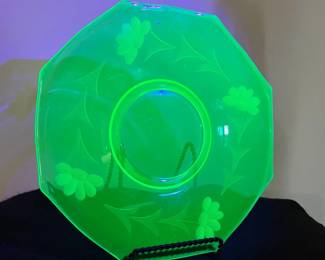 1930s Uranium Glass Floral Etched Plate, Octagonal