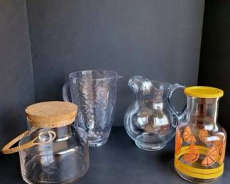 PitcherCarafe Lot Orange Slice Carafe WLid, Glass Corked Jug W Handle, More