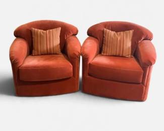 Sherrill Furniture Rust Orange Velvet Swivel Lounge Chairs, Pair