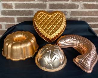 4 Vintage Copper Tone Aluminum Molds Fish, Heart More
